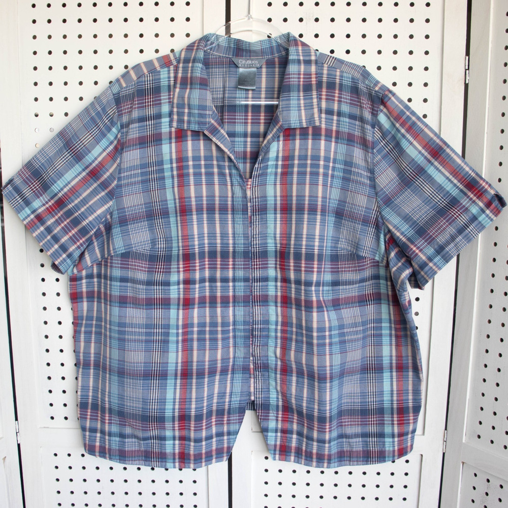 Vintage Koret City Blues Plaid Button Up Shirt Womens Plus SIZE 26